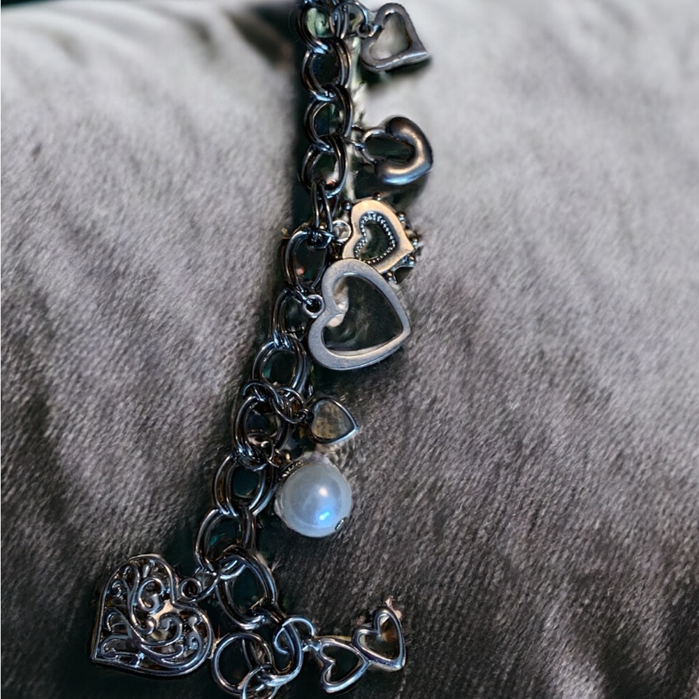 Heart charm bracelet, silver tone with pearl and crystal accents